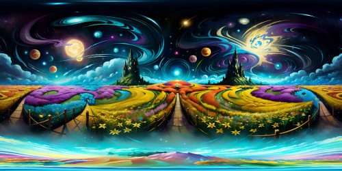 Three-dimensional, Vincent van Gogh inspired world, ultra high res, VR360 masterpiece. Staple elements of the artist's style: thick, lively brushstrokes, intense color variations. Swirling starry night sky, golden wheat fields, serene almond blossoms. Illustrious panoramas, enchanting VR360 views in every direction.