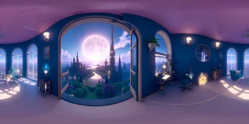 Kingdom Hearts-inspired VR360, ultra high resolution, fantasy aesthetic. Towers conjured from dreams, heart-shaped moon, ethereal sky islands, vibrant keyblade patterns. Masterpiece quality, VR360 starlight strands, cosmos hues blend. Pixar-style rendering.