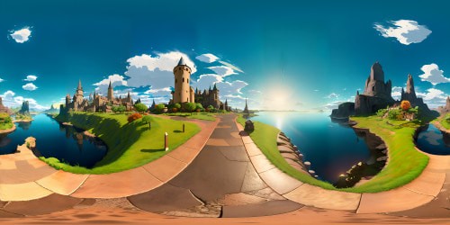 VR360 panorama, ultra high-res, Ghibli-style. Blazing sun, fiery horizon, cobblestone streets. Ice cream cones, drips, puddles, stark contrast, simmering heat. Swirls, tantalizing chill. Picasso-style rendering, abstract, high-resolution. VR360 view, melting masterpiece, surreal, vivid. Extraordinary quality, masterfully abstract.