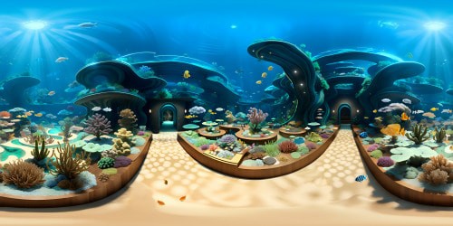 VR360 aquarium experience, exquisite masterpiece quality, ultra high-res. Lush coral reefs, myriad tropical fish, undulating seaweed. Curved tunnel design, crystal clear glass walls. VR360 deep sea immersion, bio-luminescent underwater flora. Pixar-style, vibrant, high contrast colors.