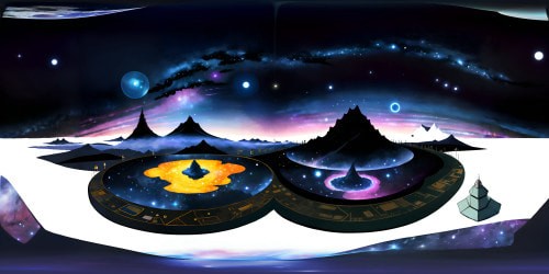 VR360 scene: hyper-realistic night sky, palette of deep indigo, twinkling galaxies, swirling nebulas. Foreground: minimal, silhouette of jagged mountain range. Style: ultra-high-definition digital artwork, meticulous detailing. An unmistakable VR360 masterpiece.