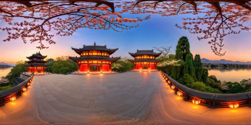 Meandering through ancient streets of Hangzhou, ornate pagodas against flawless cherry blossom skies, intricate silk lanterns glowing, perfect reflection on calm West Lake, a breathtaking, highly detailed representation.