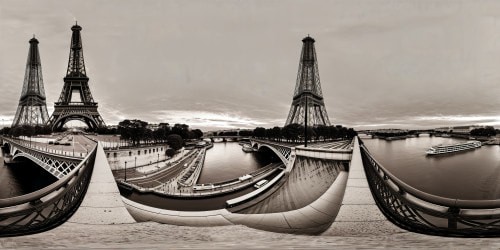 Panoramic view of the iconic Eiffel Tower and Seine River in flawless high-resolution detail, bustling Parisian streets of architectural marvels, intricate cobblestone pathways under the soft glow of evening lights, awe-inspiring twilight sky.