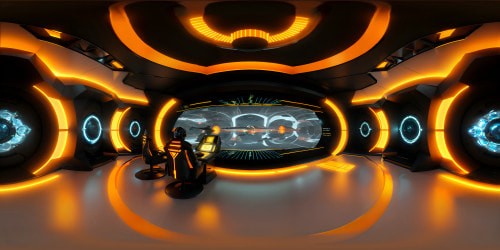 VR360 spaceship interior, ultra-high res mastery, command deck sleekness, photorealistic brilliance. Orange-lit control panels, metallic ambiance, gentle light play. VR360 holographic displays, futuristic screens, cyberpunk elements. Mars, Earth, Moon views in high-definition, strategic war room elegance. Unreal Engine 16k rendering, VR360 radiance, captivating orange theme futurism. Showroom floor perfection, metallic surface shimmer.