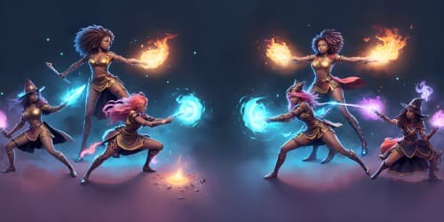 four african american female sorceresses carrying flaming swords.fighting a witch with dreadlocks.