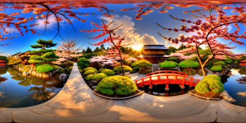 A serene Japanese cherry blossom garden in full bloom, golden sunlight filtering through delicate petals, koi pond reflecting the vibrant colors, picturesque wooden bridge, flawless picturesque scene captured in stunning 8K resolution.