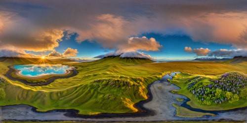 An immaculate, ultra-high-resolution view of Iceland's serene summer landscape embraced by a quiet morning fog. The scene unveils crisp, calm reflections in shimmering bright aqua hot springs ponds amid vast tundra and lupine fields, with distant highland mountains painted under a stunning sunrise, casting a flawless golden hue over the open horizon.