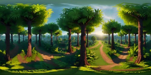 Ultra-high resolution VR360 scene, Gorilla Tag-themed. Masterpiece quality, intricate jungle terrain, dense undergrowth. Majestic trees, striking sunset glow, dynamic shadow play. Vibrant, realistic style.