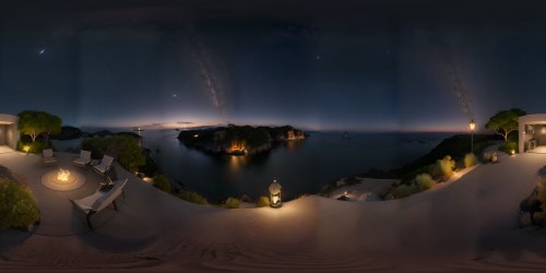 Masterpiece quality VR360 night sea view, dazzling high-resolution star-studded cosmos. VR360 spectacle, luminescent marine vastness, tranquil waters mirrored in celestial lights. Ultra-high-definition velvet-black horizon, sparkling cosmic reflections.