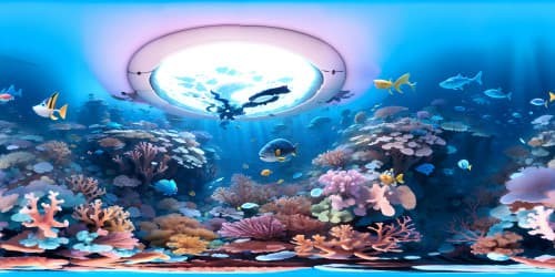 VR360 masterpiece, ultra-high-resolution, marine spectacle. Expanded view of underwater coral kingdom, plethora of radiant hues. Sunbeams piercing azure abyss, casting ethereal luminosity on delicate coral formations. Emphasis on Pixar-style brilliance, finesse.