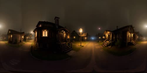 abandoned ghost town at night covred by fog and mist with shadowy figures hiding in the shadows with glowing eyes and lantern street lights