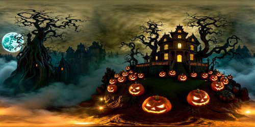 A spooky Halloween scene unfolds in ultra-high resolution, featuring a haunted mansion surrounded by swirling mist, gnarled trees, flickering jack-o'-lanterns, and a full moon casting an eerie glow over the landscape.