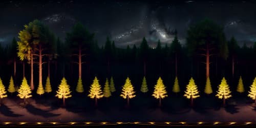 VR360 view, ultra high res, masterpiece quality. Shadowy dark forest, blackened towering trees, distant hills' outline. Night theme, constellation-speckled sky. Brushstroke-style rendering, VR360 immersive experience. skyview night time