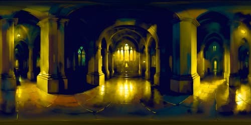 Ultra high-res VR360 cathedral, gothic architecture, angel statues in cryptic meeting, Halloween-themed ambiance. Masterpiece quality, chiaroscuro effect, stylized like digital painting.