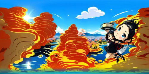 Masterpiece quality, ultra-high resolution VR360 scene. Lush, vibrant anime-style backdrop, towering Sakura trees, radiant sunset glow, cherry blossoms dancing in the wind. Distant Mount Fuji silhouette, cascading waterfalls, tranquil koi pond. VR360 anime panorama, striking colors, crisp lines, surreal beauty.