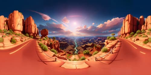 Ultra HD, Masterpiece quality VR360, Grand Canyon, river slicing through red rock vistas, sunset cast shadows. Ethereal hues on horizon, skyview dominated by setting sun's glow.