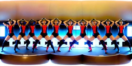 five female teachers wearing pink leotards_one woman has blue eyes_two of the women are blonde_they are squatting_spread_arms above their heads_close up of armpit
