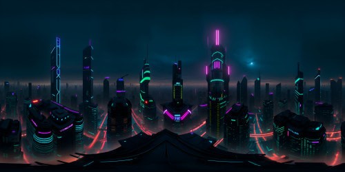 VR360 view, kaleidoscope of neon lights, towering skyscrapers, digital billboards. Ultra-high-resolution, every pixel a masterpiece, cyberpunk city at night. Futuristic architecture, floating drones, neon graffiti, steam rising from vents. VR360 panorama, cyberpunk aesthetic, saturated colors, crisp edges, detailed textures.