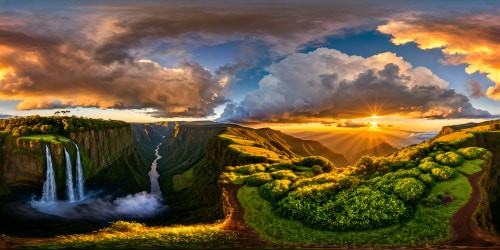 Showcasing a stunning, flawless highland vista in Ethiopia, unveiling terraced green valleys, cascading waterfalls, towering cliffs in the golden sunrise glow, adorned with vibrant wildflowers and dramatic cloud formations. Truly a masterpiece captured in ultra high resolution.