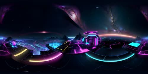 Ultra-high resolution masterpiece, VR360 vaporwave aesthetic. Neon grid lines, luminous galaxies, pulsating nebulae, radiant stars. Immersive VR360 space vista, twinkling constellations. Style: Retro-futurism, vibrant cosmic palette.