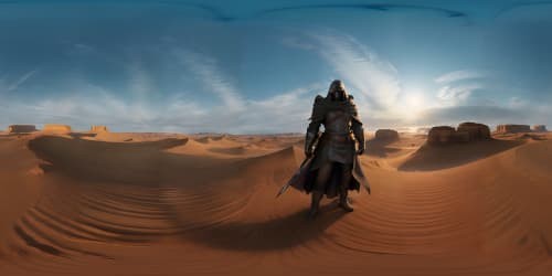 Masterpiece quality, ultra-high-res VR360 view, solitary cloak-clad assassin in barren, sandy environment. Imposing, oversized white cloak, weathered boots and garments, miniaturized knife as accessory. Sand-swept aesthetics, no visual obstruction.