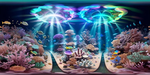 VR360 underwater realm masterpiece, ultra high-res, magnificent coral reefs, flourishing marine flora, drifting jellyfish, gleaming sun rays filtering through water, effervescent pearly bubbles. Luminescent color palette, high-quality, VR360 mural of marine vastness.