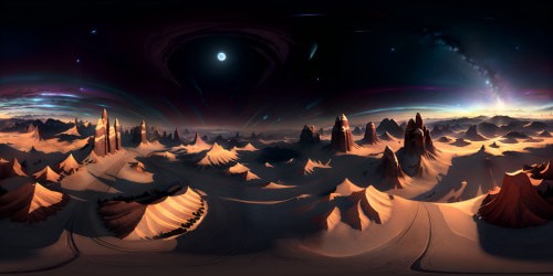 VR360 view, ultra-high-definition, singular, striking masterpiece, group of colossal, fantasy-style mountains, velvet twilight skies, pixie dust starlight, haloed moons, scattered nebula clusters, fleeting comet trails. VR360, atmospheric perspective, subtle gradation, Pixar-style render.