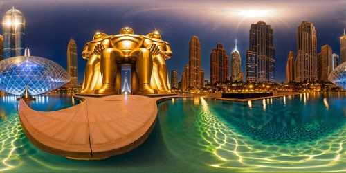 A futuristic metropolis shimmers under a starlit sky, reflecting in crystal-clear waters, with colossal statues of elemental forces standing guard amidst gleaming skyscrapers and hovering airships.
