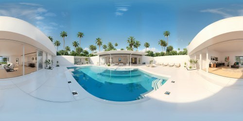 VR360: Lush Palm Springs atmosphere, pristine white tiles, SoHo House elegance. Sun-drenched luxury pool, Ace Hotel inspiration. VR360: Verdant trees framing panoramic sky views. Style: Masterpiece, ultra-high res, clean, best quality.