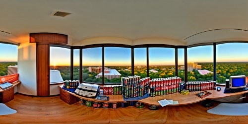 An impeccably rendered, finely detailed scene of a nostalgic dorm room, featuring a retro 1990s computer screen illuminating a vintage wooden desk, scattered empty energy drink cans, and a floor strewn with crumpled clothing, all juxtaposed against a panoramic window framing The University of Texas at Austin's campus at sunset, capturing the essence of collegiate life in stunning ultra-high resolution.