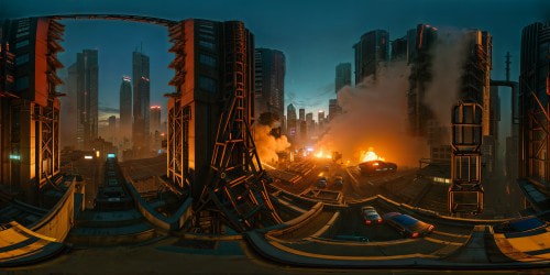 A post-apocalyptic cityscape of a decaying metropolis, shattered skyscrapers entwined with vines, fiery wreckage of cars, fractured streets under a blood red sky, a hauntingly detailed and immersive masterpiece in ultra high resolution.