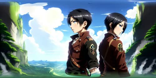 attack on titan Mikasa(in black hair and black )eyes and Eren (in black hair and black eyes)