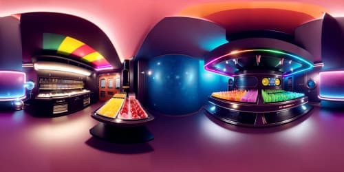 Ultra high-res masterpiece, right side featuring prominent Chocolate machine. Left side with vibrant, unpredictable multicolored juice fountain. VR360 scene of floating chocolate bars against the sky, hint of pink bowler hat, tailored suit details. No humans. Pixar-style.