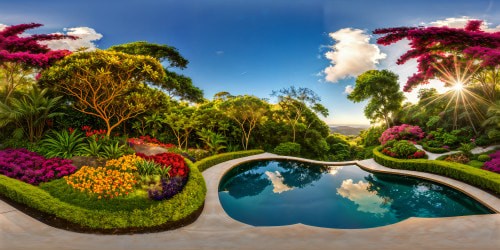 Impeccable masterpiece garden oasis with a pristine shimmering pool, surrounded by lush foliage, vibrant blooms, transcendent sunlight, and flawless reflections, designed for ultra high-res visual perfection.