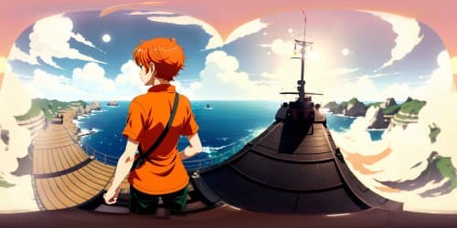 One piece character Nami in short ORANGE hair and T-shirt. dark brown eyes.  standing on a big ship. SMIING. whole body view. BACKGROUND IS THE OCEAN