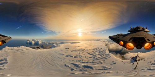 Expansive Star Wars galaxy panorama in VR360, showcasing colossal Imperial Star Destroyers, Death Star, Twin Suns of Tatooine casting an ethereal glow, with distant Nebulas and X-Wing Starfighters leaving lightspeed trails. A digital masterpiece boasting breathtaking details in ultra-high resolution, capturing the essence of a Star Wars-inspired universe.