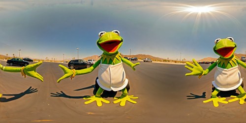 Kermit the Frog dancing on a car in an empty parking lot.