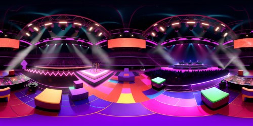 Ultra-high-resolution masterpiece artwork, VR360 vision of starstruck popstar concert, vivid, joyous, sun-kissed setting. Awe-inspiring aura, fantastical stage, glowing instruments, twinkling spotlights. Reality-like art style, radiant colors, VR360 view of popstar dazzle.