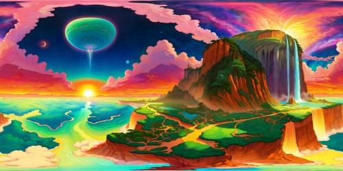 An awe-inspiring view of an otherworldly alien landscape bathed in the soft glow of a triple sun, towering crystalline formations, shimmering iridescent rivers, majestic waterfalls cascading into emerald pools, vibrant flora under a dome of cosmic clouds, 16K resolution, vivid colors, and supreme artistic detail.