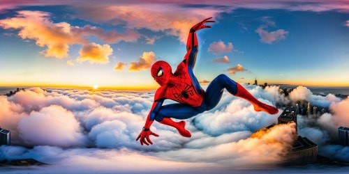 Swinging through a flawlessly detailed, ultra high-resolution cityscape at golden hour, Spider-Man's iconic red and blue suit glistens under the cinematic sunset, showcasing every minute detail from web strands to urban textures.