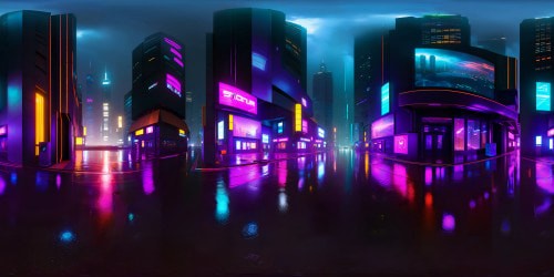 VR360: Neon-lit dystopian cityscape, monumental skyscrapers, ethereal holographs, airborne vehicles streaking trails of light. Glossy reflections on rain-soaked streets. Cyberpunk aesthetic, ultra-high res Blade Runner-inspired visuals, masterful execution. Palettes of deep blues, purples, smoky grays, sharp contrasts. VR360: Panoramic night-time cyber city, rain-glazed, surreal.