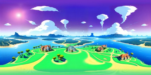 Masterpiece cartoon aesthetics, high-resolution details, VR360 pop-art clouds, vivacious colors. Giant, stylistically exaggerated sundae, cherry on top against azure sky. Floating isle of caricatured townhouses, VR360 skyline, inked outlines. Dotted halftone mountains, cel-shaded foreground.