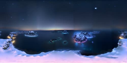 floating in the middle of an infinite deep blue ocean at night with sunsetting in the horizon with clear sky and shooting stars viewed from the sky