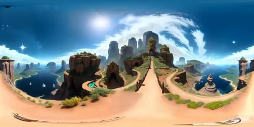 Masterpiece quality, ultra-high resolution VR360 view. Awe-inspired colour palette, meticulous detailing. Nikon-esque sharpness, capturing grandeur. Pixar-style animation, pleasing aesthetics. Engaging foreground elements, immersive architectural forms. Gorgeous VR360 sky panorama, radiant hues.