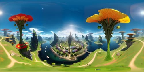 Emerald city at sunset, Oz's glowing skyline, shimmering technicolor landscape. Majestic poppy fields, crystal river twisting through. Luxurious textures, ultra high-res details. Enchanting Pixar-style VR360 view, awe-inspiring panorama. VR360 fantasy wonderland, masterpiece harmony, best quality render.