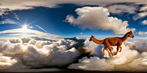 A breathtaking, flawless scene of majestic alpacas gracefully soaring through a vibrant sky, fluffy clouds casting soft shadows, sunlight glinting off their wool, creating a mesmerizing, ultra high-resolution masterpiece.
