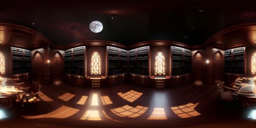 Dark academia library, gothic touch, mahogany bookcases, ancient texts, high skylight, magnificent moon view. Ultra-high resolution VR360, lustrous centerpiece, true masterpiece. Enchanting VR360 celestial sphere, silver lunar glow, star-dusted night sky. Chiaroscuro style, dramatic lighting, texture emphasis.