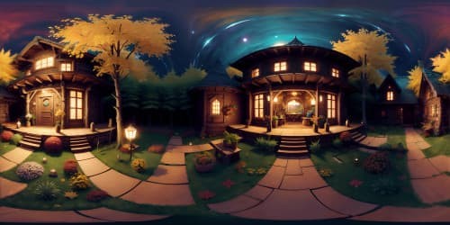 cabin on a hill over looking a field of colorful flowers and autumn leaves at night