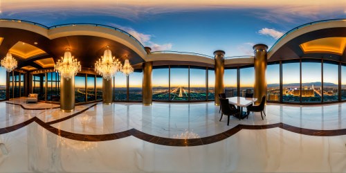 An opulent penthouse in luxurious Las Vegas, overlooking the dazzling Strip, with floor-to-ceiling windows, sleek modern furnishings, glinting chandeliers, and panoramic city lights reflected in pristine marble flooring.