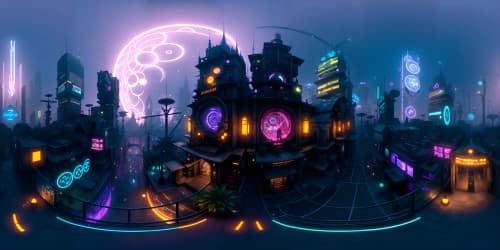 cyberpunk city with lots of alien vegetation. neon sign advocating for mental health. holographic animals